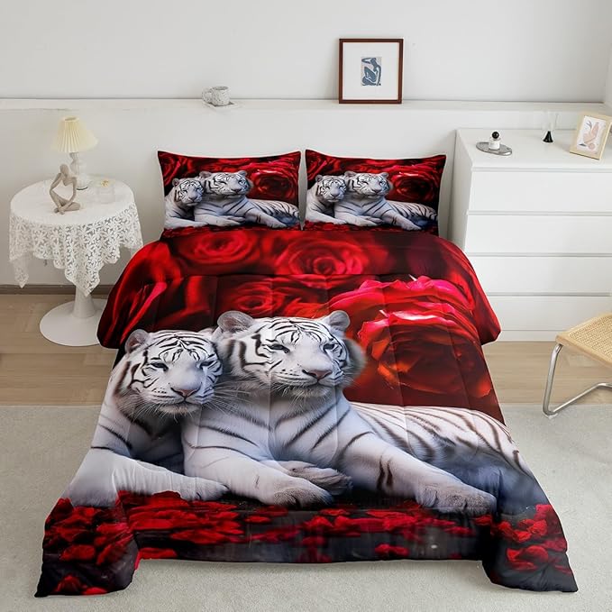 Tiger Twin Comforter Set, Red Rose Down Comforter Kids Girls Women, Red Cat Quilted Duvet Insert, Brown
