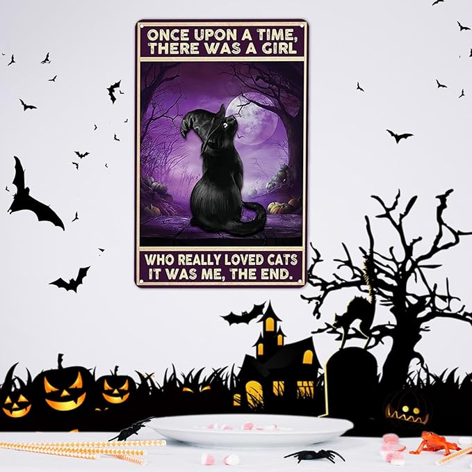 Women Girls Gift Funny Halloween Witch Cat Sign Cat Lovers Once Upon A Time I Pick Up A Black Cat Tin Sign Wall Art for Home Living Room Bedroom Decor 8 x 12 Inches (3139)