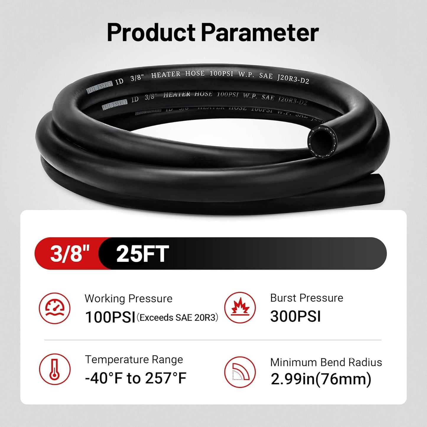 EVIL ENERGY 3/8" Heater Hose Coolant Radiator Straight 100PSI SAE 20R3 25FT Black