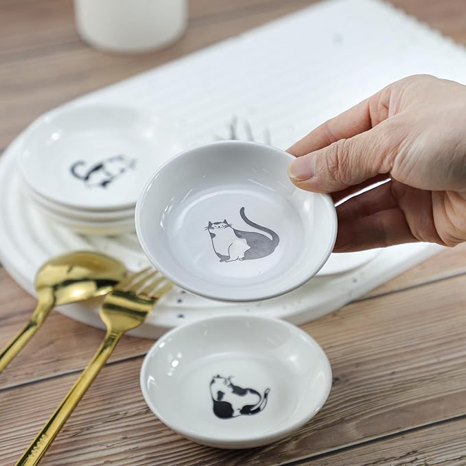 Super Cute Gentleman Cat Ceramic Sauce Dish/Seasoning Dish/Sushi Soy Dipping Bowl/Appetizer Plates/Serving Dish for Kitchen Home(Set of 6)