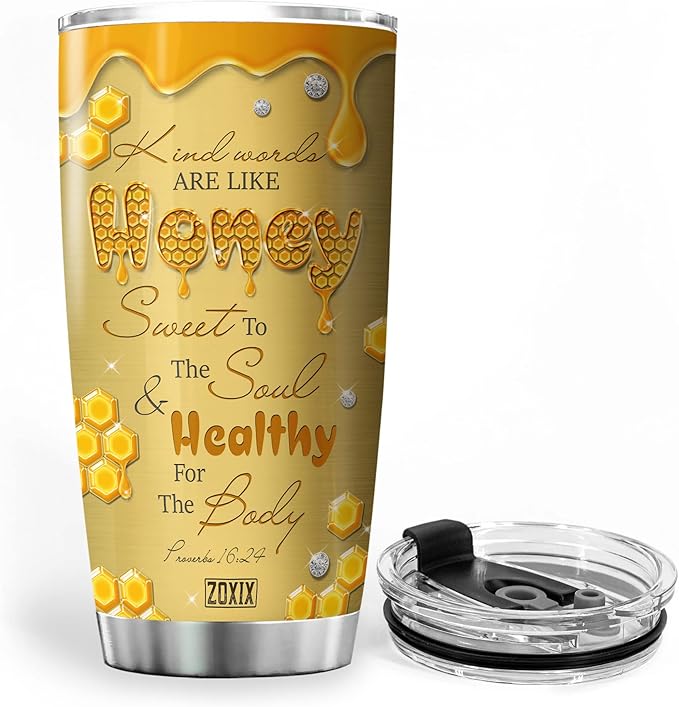 ZOXIX Bee Tumbler With Lid 20oz Jewelry Style Kind Words Are Like Honey Bee Lover Gifts Bible Verse Mug Proverbs 16 24 Christian Gifts For Women Faith Yellow Bee Themed Coffee Cup