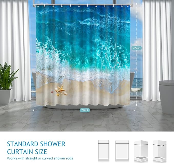 Vimorco Shower Curtain Ocean Beach, Blue Shower Curtains for Bathroom, Waterproof Quick-Dry Polyester Fabric Showers Curtain, Bathroom Curtains Set, Bath Decor, 72''x 72''