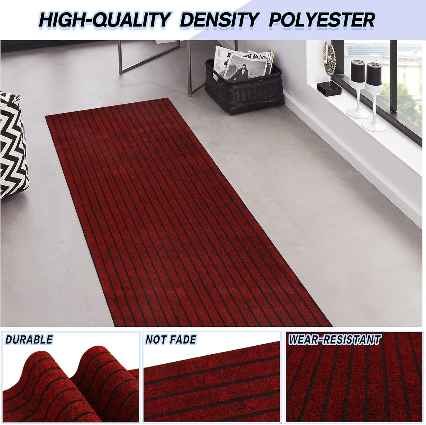 Custom Size Backed Non-Slip Area Rugs Runner, Easy Clean, Waterproof Runner Rugs for Hallway Entryway, Kitchen, Laundry, 4FT x 66FT, Red Stripe