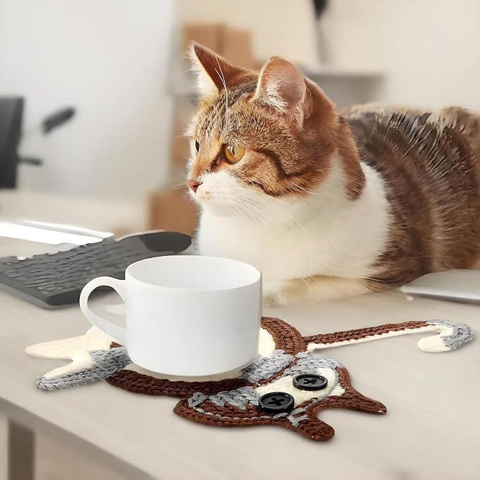 3PCS Cute Cat Coasters - Crochet Cat Gifts for Lovers, Funny Woven Coasters for Coffee & Tea