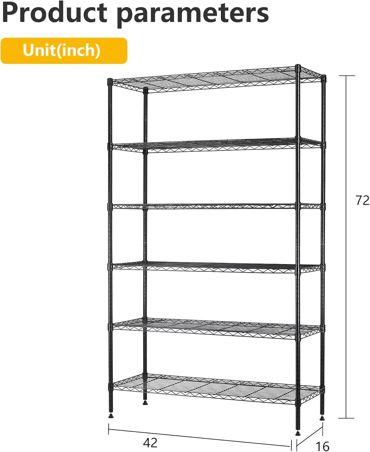 16''Lx42''Wx72''H 6 Shelf Wire Shelving Unit Heavy Duty Metal Storage Shelves NSF Wire Shelf Organizer Black Height Adjustable Utility Steel Commercial Grade Layer Shelf Rack 1500 LBS Capacity