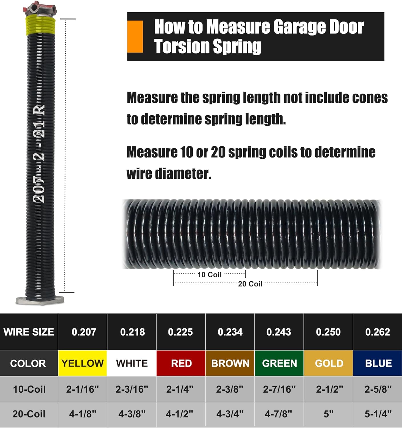 Garage Door Torsion Spring Set, Pair of 2" Electrophoresis Coated Garage Door Springs Replacement with 2 Non-Slip Winding Bars and Bearing, Minimum 16000 Cycles (.207x2x21")