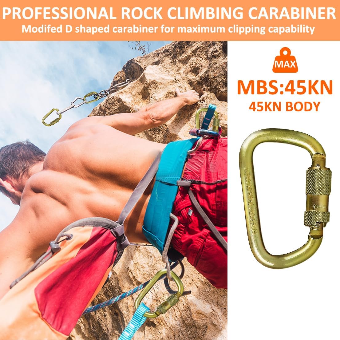 DEKABR Heavy Duty Alloy Steel Auto-Locking Climbing Carabiner - 45KN Twist Lock Carabiner for Rock and Tree Climbing, Quick Release, Rescue, and Mountaineering. ANAB Certified, 4.21-inch, Large, Gold