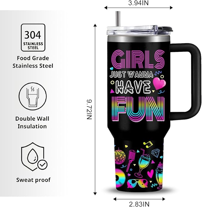 WWHSAl Girls Just Wanna Have Fun Neon Girl Tumbler 40oz with Handle, Funny Girls Night Bachelorette Party Slumber Party Pajama Partys Coffee Cup Trendy Gift for Teen Girl Birthday