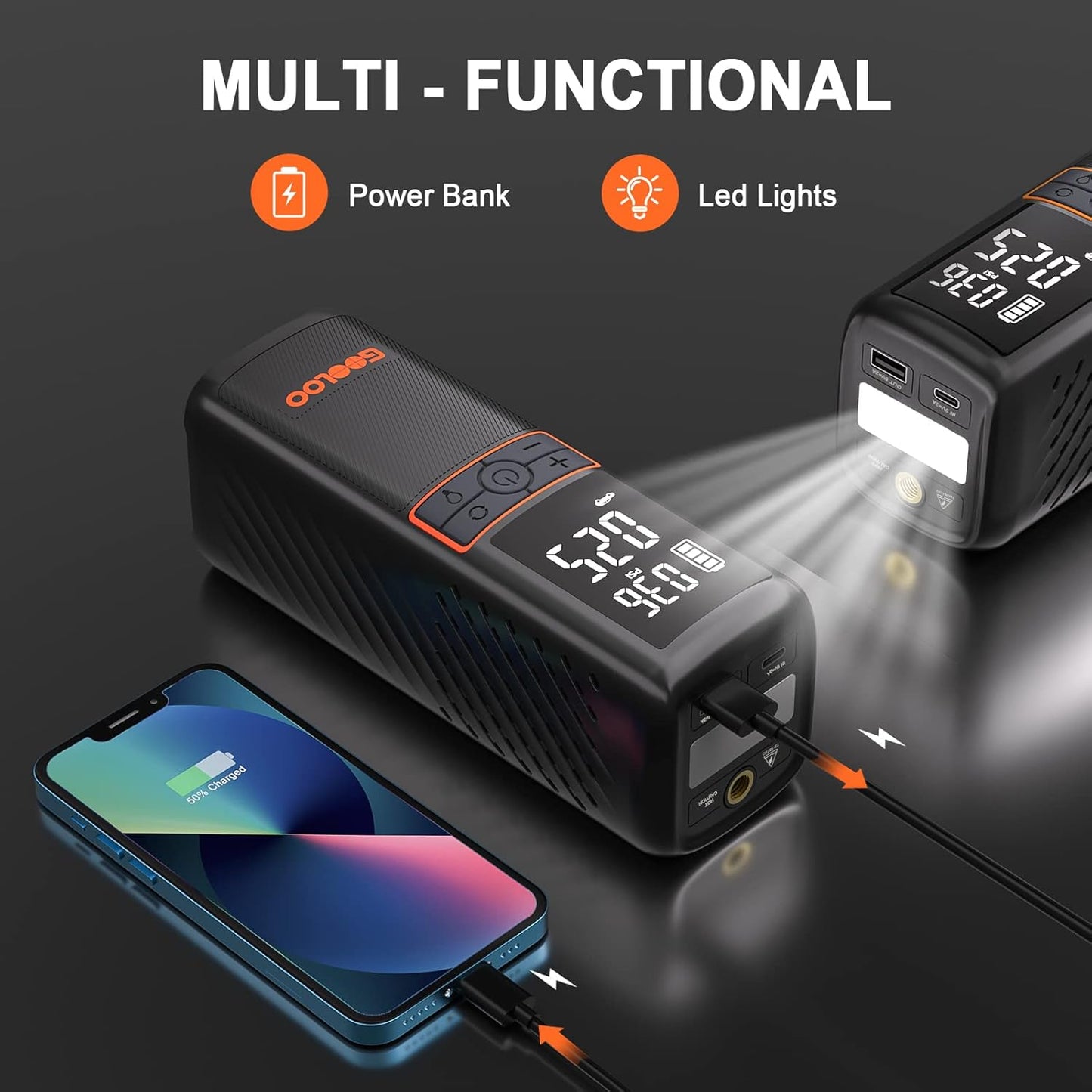 GOOLOO GT160 Tire Inflator Portable Air Compressor, 160PSI Portable Air Pump for Car Tires, 7500mAh Cordless Air Pump with Digital Pressure Suitable for Cars, Bikes, Balls, Motorcycles