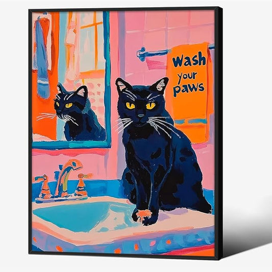 Black Cat Wash Your Paws Fun Wall Art Funky Colorful Bathroom Animal Poster Playful Kitsch Dopamine Aesthetic Canvas Pictures 08x10 inch Black Framed for Bathroom Wall Decor