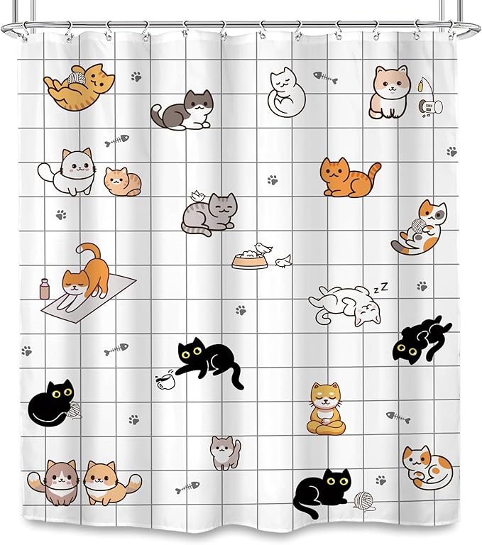 SVBright Cute Cat Shower Curtain 60Wx72L Inch Kids Cartoon Funny Kitty Animal Hilarious Lovely Pets Paw Print Boys Girls Newborn 12 Pack Hooks Polyester Waterproof Fabric Bathroom Bathtub Panels