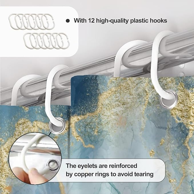 AWERT Teal Marble Shower Curtain for Bathroom Waterproof Quick-Drying Modern Abstract Shower Curtain Set with Hooks 72x84 Inch