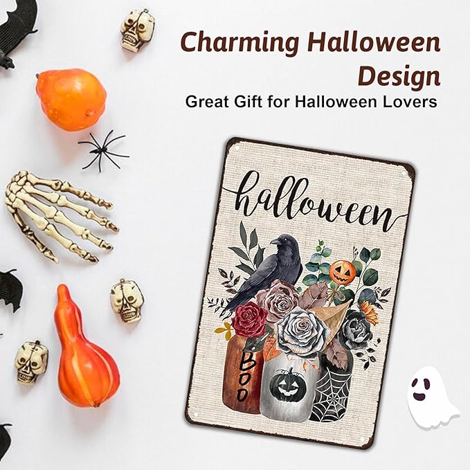 Vintage Decor Gift Halloween Flower Crow Pumpkin Mason Jar Tin Sign for Home Bedroom Living Room Wall Decor 8 X 12 Inch (3133)