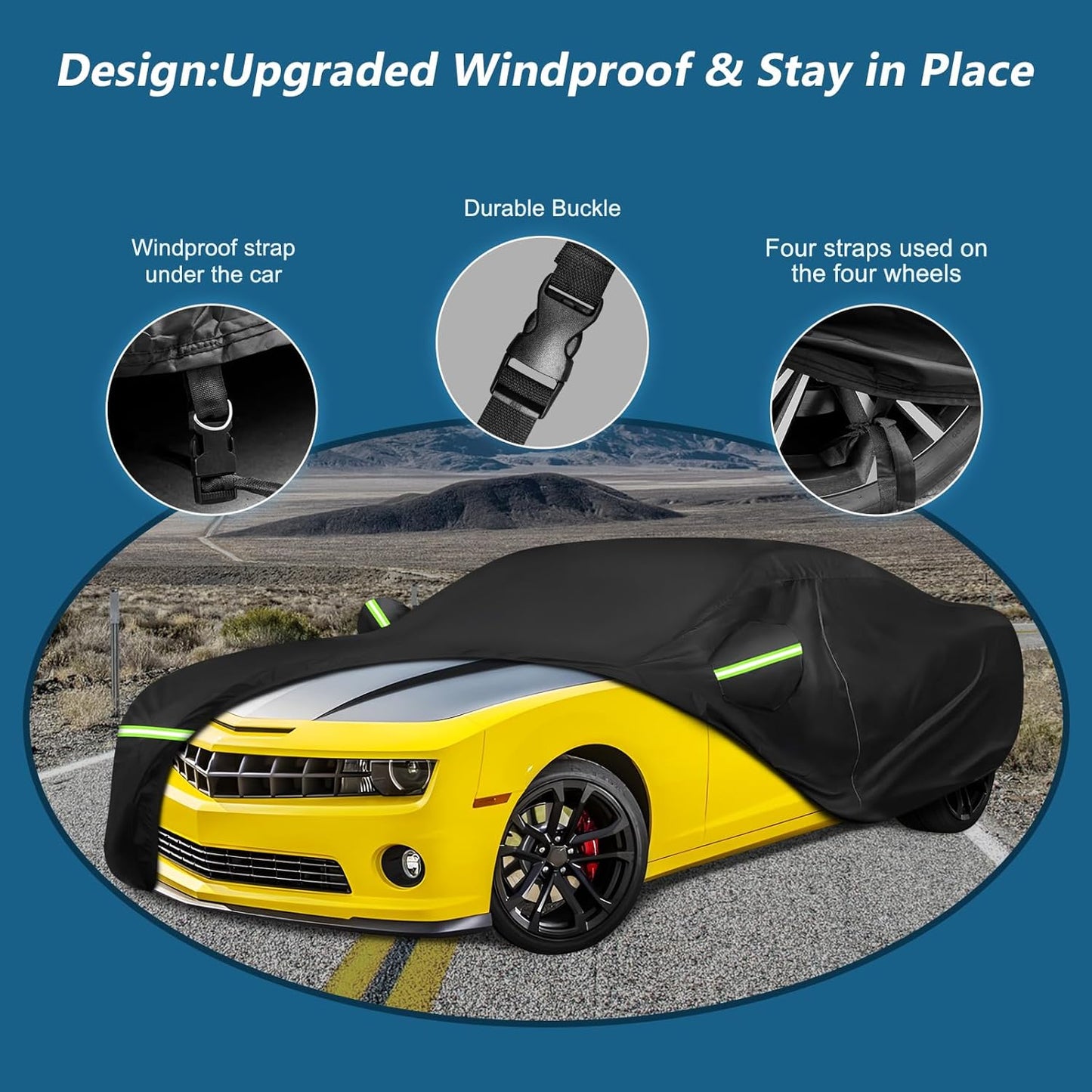 for Camaro Full Car Cover 2010-2025 All Weather, Outdoor Car Covers with Zipper and Soft Cotton Lining, Windproof Heavy Duty Waterproof Protection Fit for 2010-2025 Chevy Camaro (Up to 190''L)