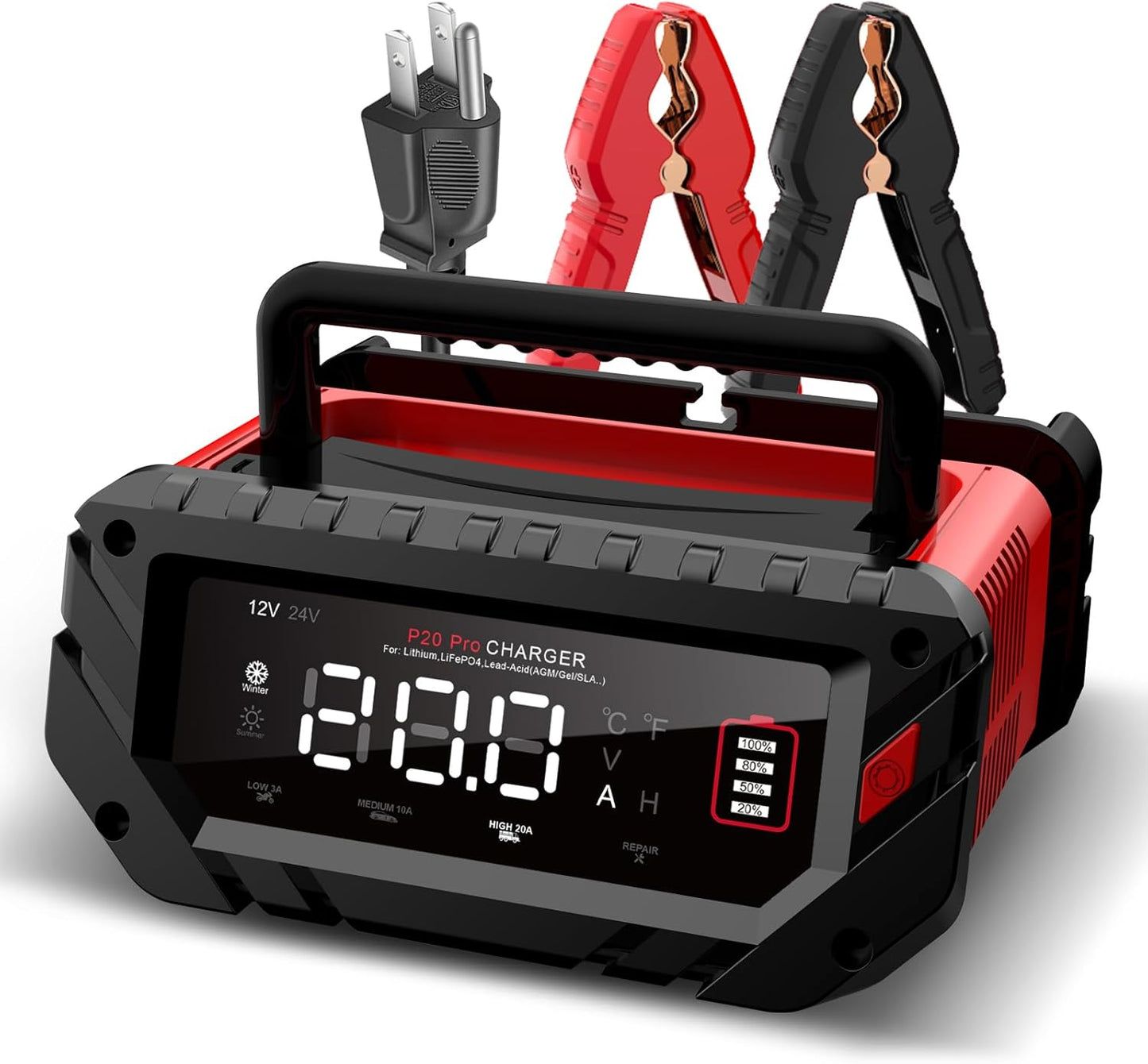 20-Amp Car Battery Charger, 12V/24V Smart Automotive Charger, Battery Maintainer, Trickle Charger for Car, Motorcycle, Boat, Lead-Acid, Lithium, LiFePo4 Battery