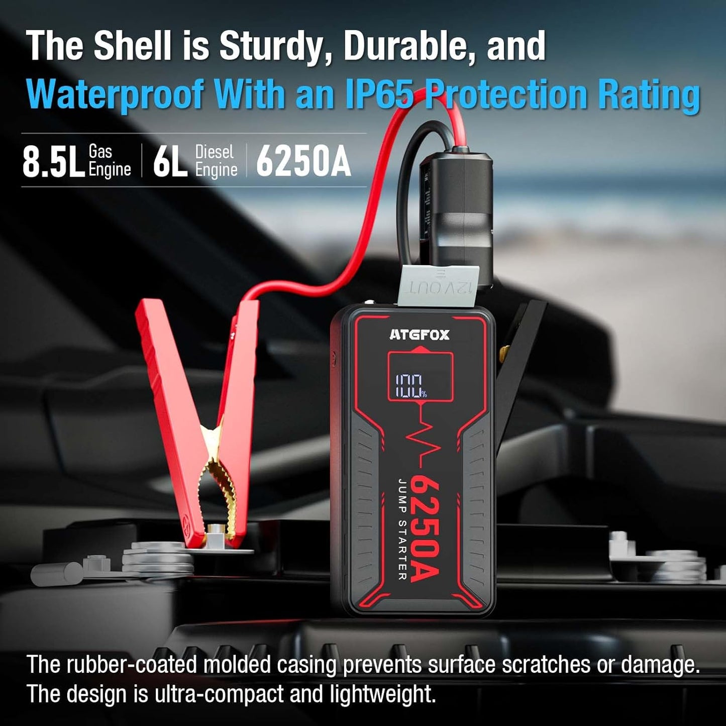 6250A Jump Starter Portable with Smart Clamp, ATGFOX 12V UltraSafe Car Battery Booster Pack for Trucks, up to 8.5L Gas/6.0L Diesel, Jump Box, 16000mAh Power Bank & Jumper Cables, Quick Charge