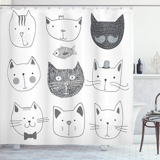 Ambesonne Cat Shower Curtain, Pets Moustache Bow Tie Hat Crown Fluffy and Fish Humor Faces Graphic, Cloth Fabric Bathroom Decor Set with Hooks, 69" W x 70" L, Taupe Grey