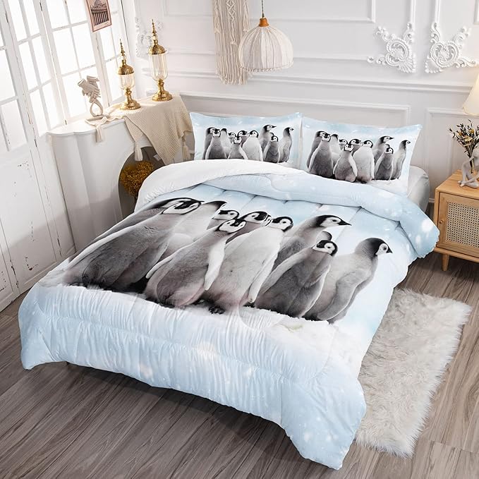 Bedding Comforter Set Penguin Snow Printed Pattern Quilt Bedding Set with 1 Comforter and 2 Pillowcases for Girls and Boys Bedroom All Season(Penguin Twin)