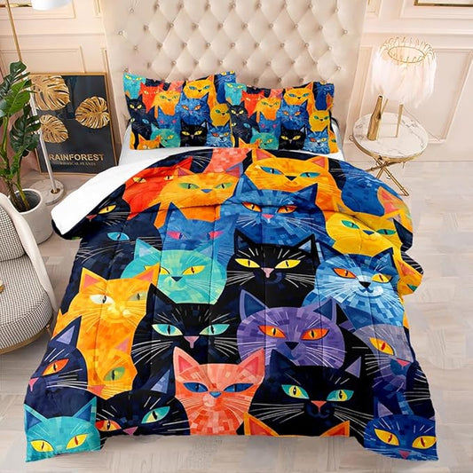 Suncloris Modern Chic Cats Comforter, Color Oil Painting Cats Bedding Set for Girls Boys, Cartoon Pet Cats Themed Quilt Bedroom Decor with 2 Pillow Cases (ColorCat, Queen)