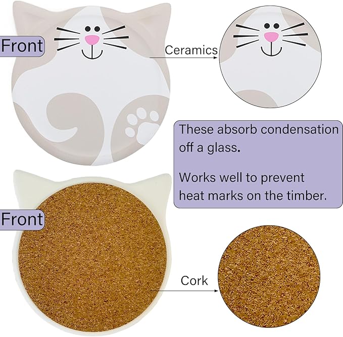VanEnjoy Funny Cat Coasters for Drinks Absorbent Set of 4, Ceramic Cat Coaster Set, for Coffee Table, Gift for Cat Lovers Women