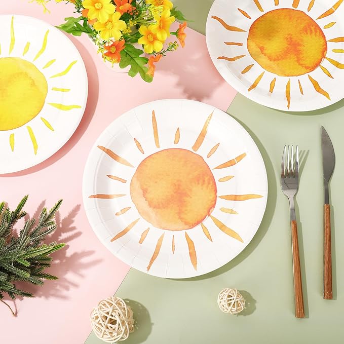 Whaline 40Pcs Boho Paper Plates First Trip Around The Sun Plates 9 Inch Colorful Disposable Hippie Plate for Summer Birthday Wedding Party Supplies Table Decor