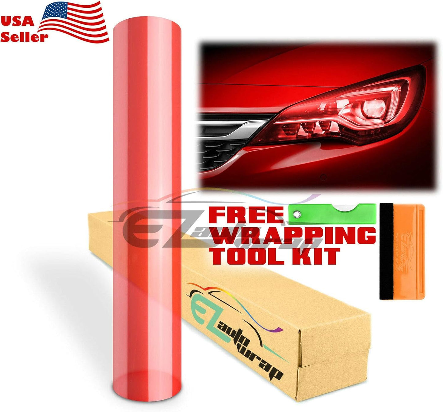 EZAUTO WRAP Free Tool Kit 12"x48" (1FT x 4FT) Glossy Red Headlight Taillight Fog Light Side Marker Vinyl Tint Film Self Adhesive