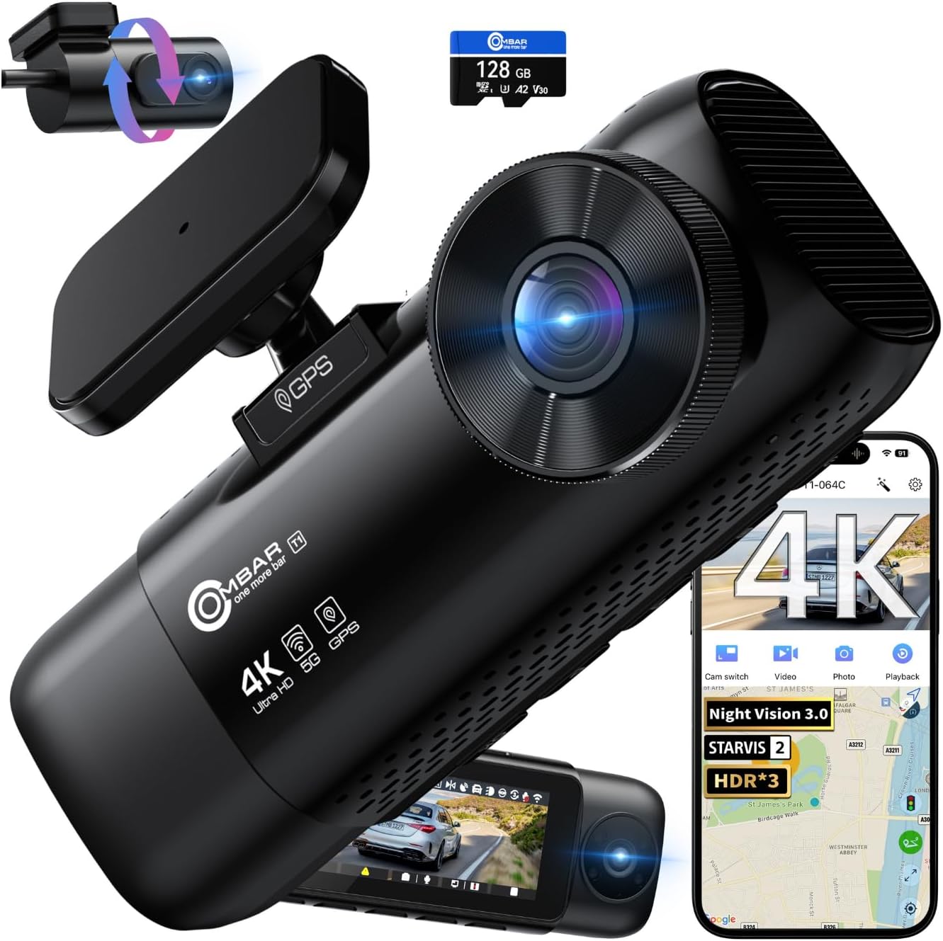 OMBAR T1 4K 3 Channel Dash Cam, STARVIS 2 IMX678 Sensors, Free 128GB Card, 2025 New Full Color HDR Night Vision, 4K+1080P+1080P Triple Car Camera,5G WiFi, 24H Parking Mode, Support 512GB Max