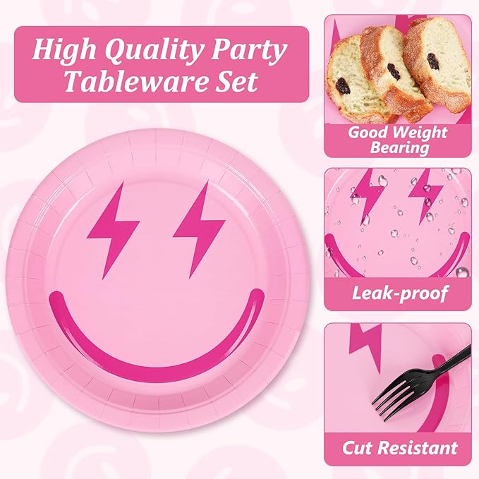 Whaline Preppy Paper Plates Smile Face Disposable Plates 4 Styles Dinner Plates Set 9 Inch Groovy Dessert Plates for Party Supplies Table Decor, 40Pcs