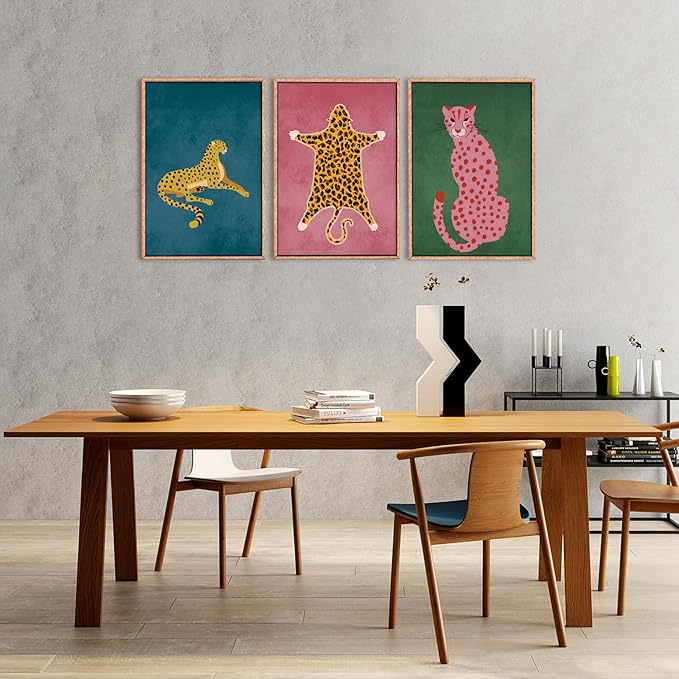 Ausril Cheetah Animals Framed Canvas Wall Art Set, Leopard Preppy Room Wall Decor, Modern Boho Cats Wall Painting, Pink Dot Cartoon Art Print for Living Room Bedroom Dinning Room Office 16"x24"x3