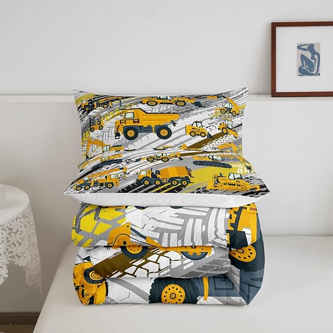 Boys Construction Comforter Set Truck Bedroom Decor for Kids Girls Under Construction Vehicles Down Comforter Nursery Children Cartoon Machinery Truck Excavator Bedding Tractor Cars Duvet Quilt,Twin