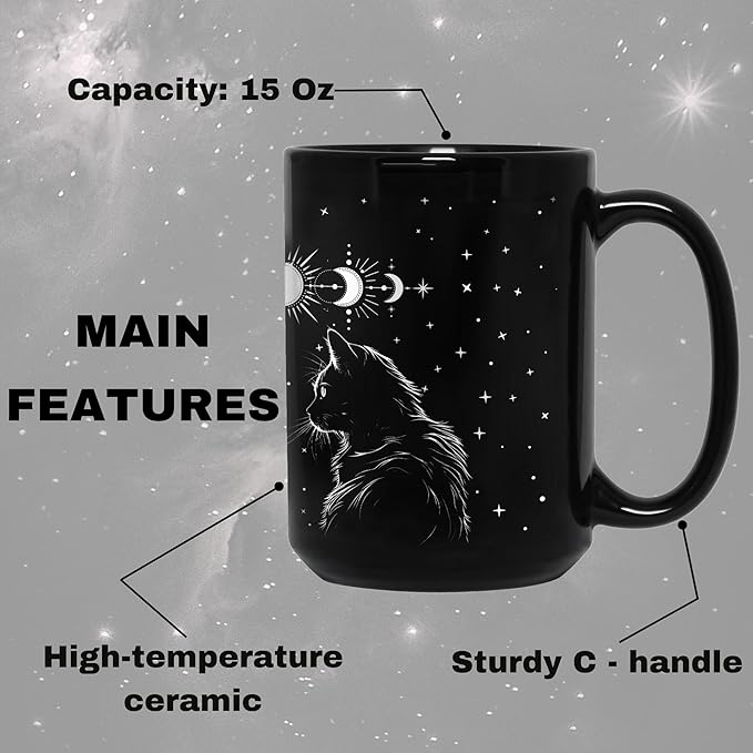 Black Cat Mug 15oz Cat Lover Gifts for Women Funny Goth Coffee Mug - Witch, Goth Decor Halloween Cup With Cats Goth Gift Witchy Gifts for Women - Fathers Day Mugs Cats Christmas Gothic Home Decor