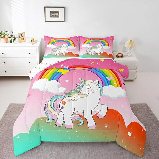 Unicorn Bedding Twin For Girls Kawaii Rainbow Unicorn Quilt Kids Galaxy Stars Comforter Set White Horse Floral Duvet Insert Fantasy Girls Room Decor Children Unicorn Reversible Pink With 1 Pillowcase