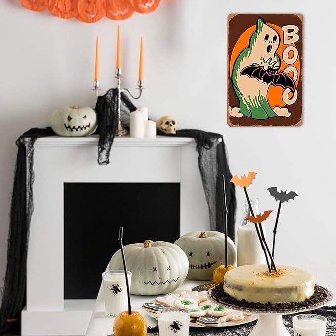 Vintage Decor Gift Halloween Ghost and Bat Boo Jack O Lantern Tin Sign for Home Bedroom Living Room Wall Decor 8 X 12 Inch (3132)