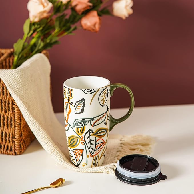 Topadorn Ceramic Coffee Mug Travel Cup with Lid Latte Mug,17oz.Leaves, Father's Day Gift