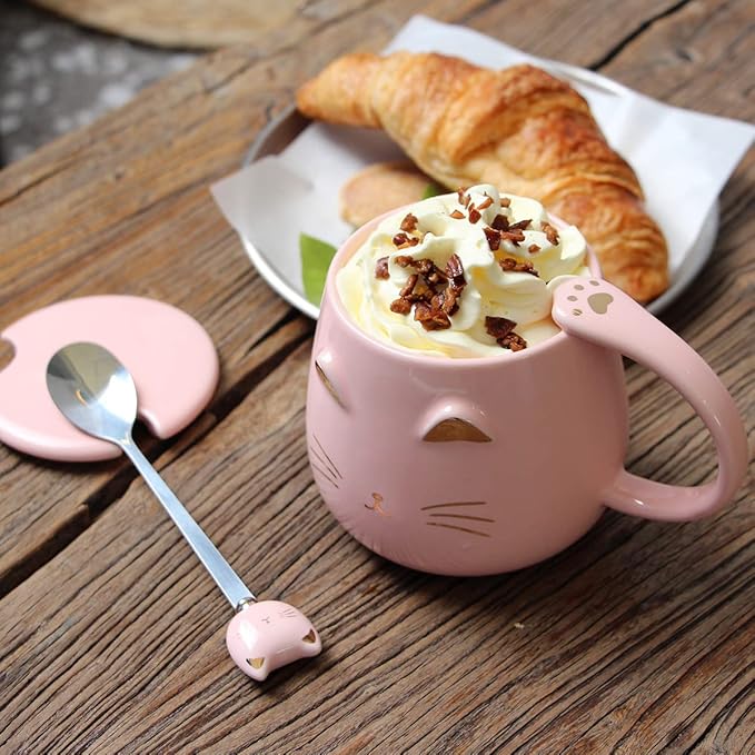 Yuwu Cat Mug Cute Coffee Mug gifts for cat lovers Ceramic Cup, Novelty Mug with Lid and Stainless Steel Spoon, Christmas Birthday Gifts Present for kids Women Girls (pink)