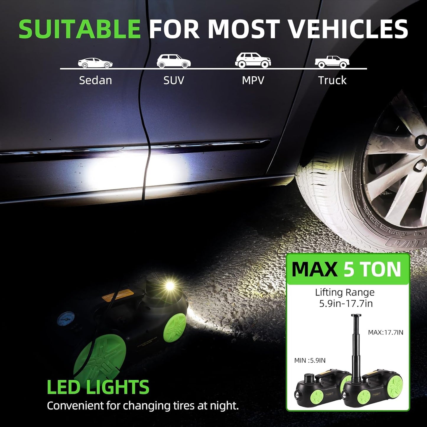 Electric Car Jack Set 5 in 1 Floor Jack Hydraulic Jack Kit 5 Ton Truck Tire Jack Lift with Integrated Tire Pump and Impact Wrench for SUV Truck Sedan Vehicle Roadside Emergency Tire Change