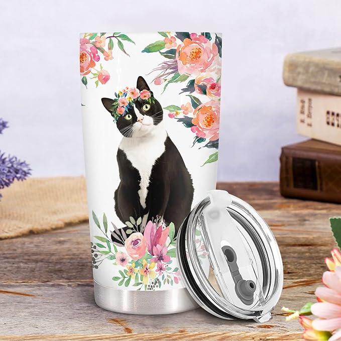 34HD Just A Girl Who Loves Cats Tumbler with Lid, 20 oz Stainless Steel Vacuum Insulated Tuxedo Coffee Mug, Cat Mom Gifts for Cat Lovers Women Birthday Mothers Day Christmas