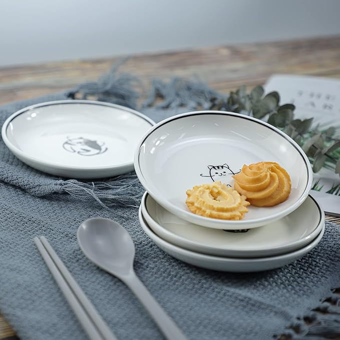 WAIT FLY 5 Inches Funny Dog and Cat Pattern with Brush Strokes Ceramics Seasoning Dishes/Tea Bag Holders/Ketchup Saucer/Appetizer Plates/Seasoning Dipping Bowls, Set of 4