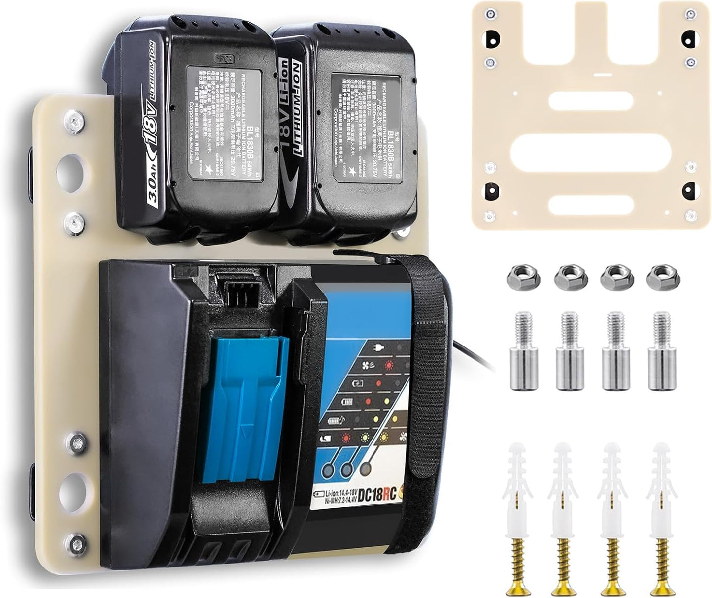 FETESNICE Wall Mount for Makita Charger, Flame Retardant Synthetic Materials Stable 2-batteries Holder and Charger Holder, Ideal Wall Mount for Makita Battery Holder, Suitable for Workshop and Garage