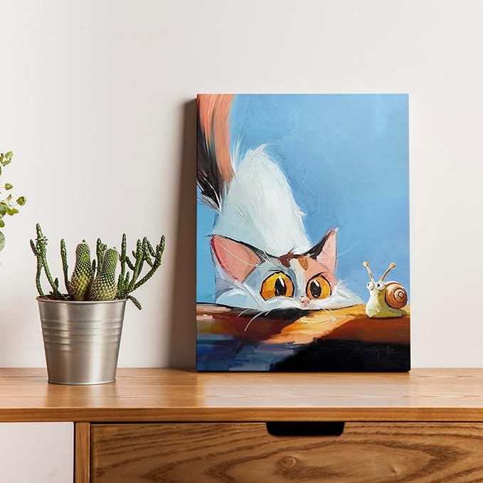 TimAsh Framed Funny Cat Wall Art Cat Staring at Snail Canvas Wall Decor Cartoon Cute Kitten Poster Painting Prints for Bedroom Bathroom Living Room 16'' x 12''