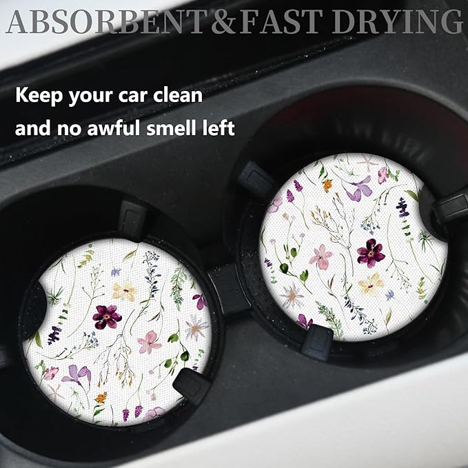 Wildflowers Universal Auto Anti Slip Insert Coasters, 2 Pack Rubber Car Coasters with A Finger Notch