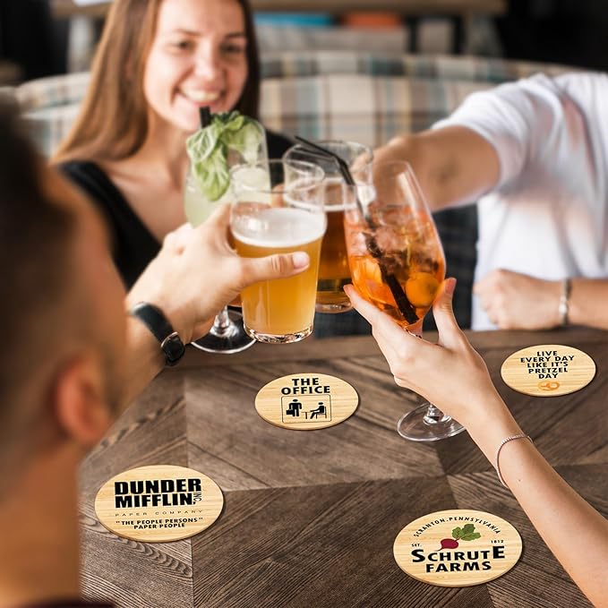 The Office TV Show Themed Merchandise for Fans, Funny Drink Coasters with Coaster Holder Set of 6, The Office Gifts for Fans, Bar Cork Coasters for Drinks Coffee Desk Table
