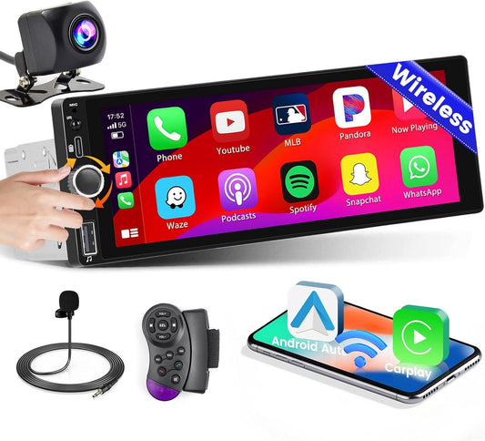 Single Din Car Stereo with Apple Carplay Android Auto,6.9 Inch IPS Touch Screen Car Stereo with Backup Camera, Car Radio Support Mirror Link Bluetooth Handsfree FM/RDS Type-C/USB EQ SWC
