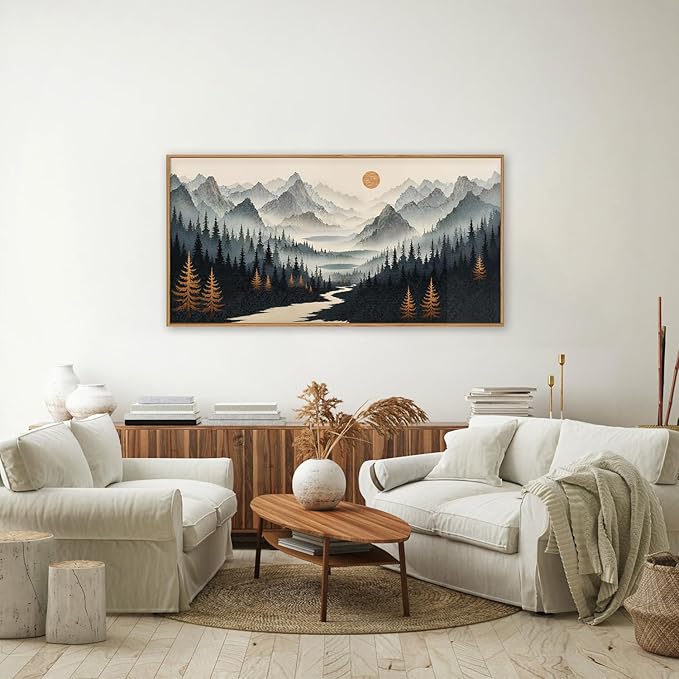 Watercolor Misty Forest Framed Canvas Wall Art Set, Foggy Mountain Wall Decor, Misty Pine Tree Wall Painting, Large Nature Landscape Art Prints for Living Room, Bedroom, Office - 20"X40"