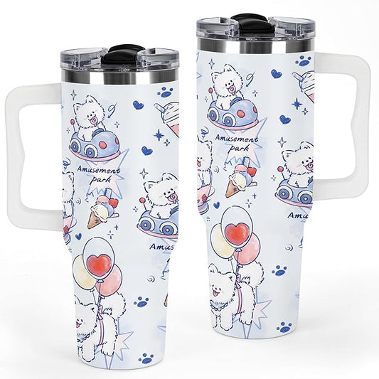 Tumbler with Handle and Lid, Dog Lover Tumbler, 40 oz Puppy Dogs Printed Insulated Stainless Steel Travel Mug Cute Terrier Lover Gifts For Kids, Men, Women, Friends, Coworkers, Families