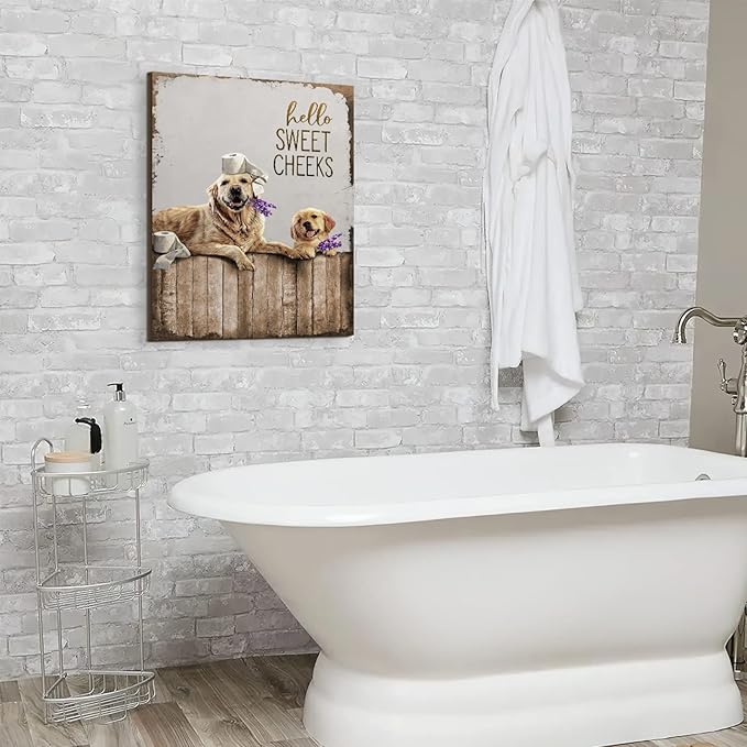 Bathroom Decor Wall Art Dog Pictures Wall Decor Golden Retriever Painting Funny Farmhouse Bathroom Wall Art for Bathroom Toilet Rustic Animals Bathroom Artwork Framed 16"x20"