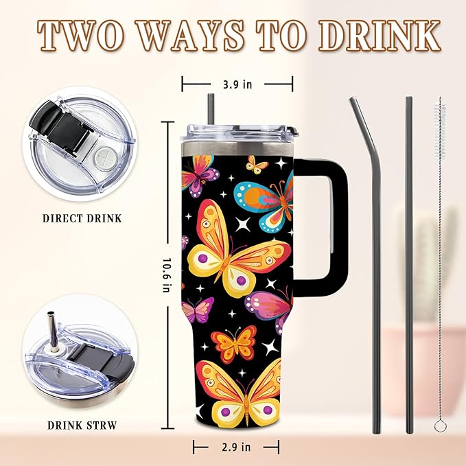 Butterfly Tumbler 40 Oz, Funny and Colorful Design, Stainless Steel Insulated Mug with Humorous Quote, Gift for Women, Fun and Playful Butterfly Theme, Novelty Tumbler