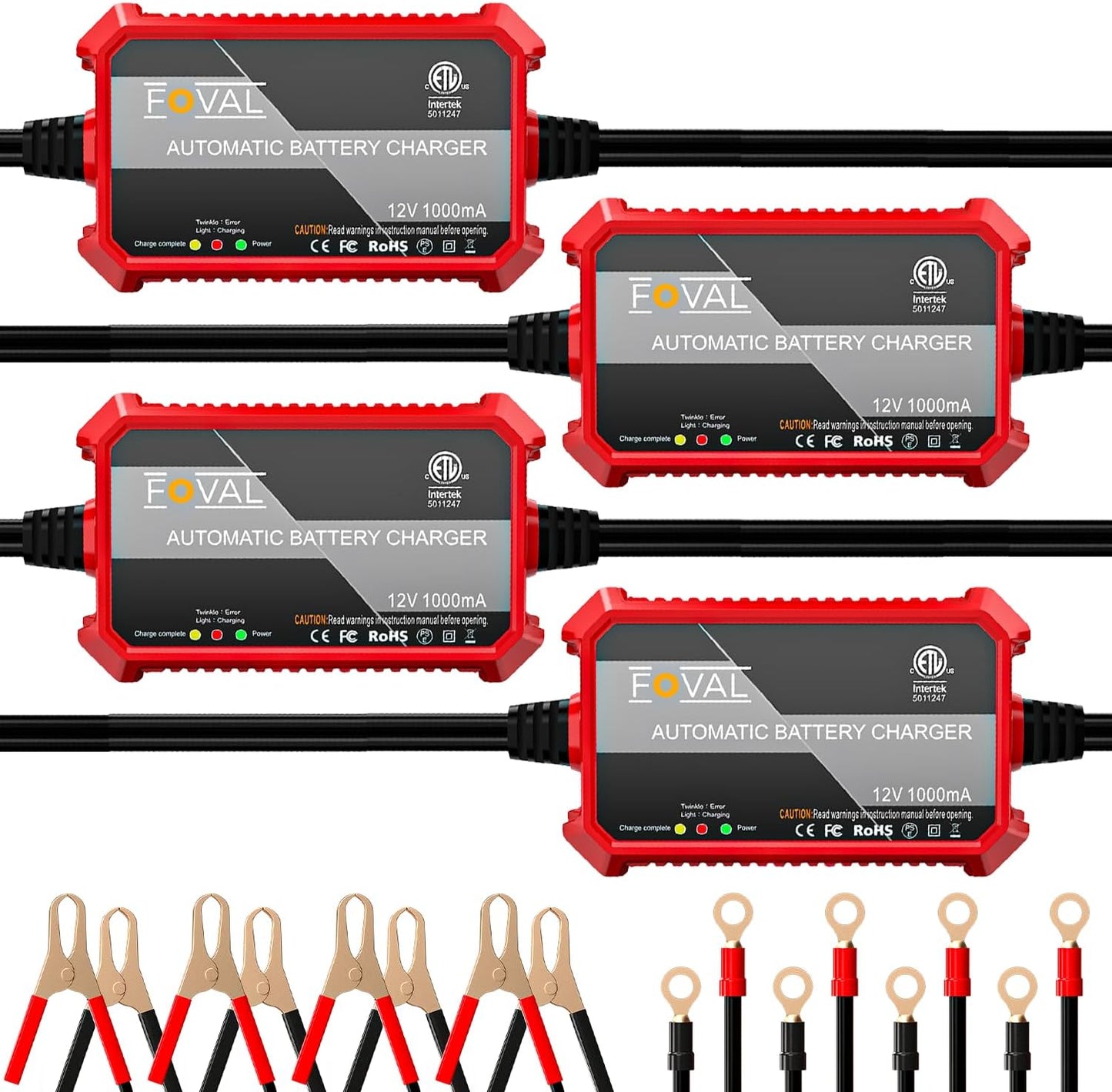 [4-Pack] FOVAL Fully Automatic Trickle Battery Charger, 1000mA 12V Smart Car Battery Charger, Battery Maintainer, Float Charger for Motorcycle Car Lawn Mower Boat ATV Cell Lead Acid Batteries