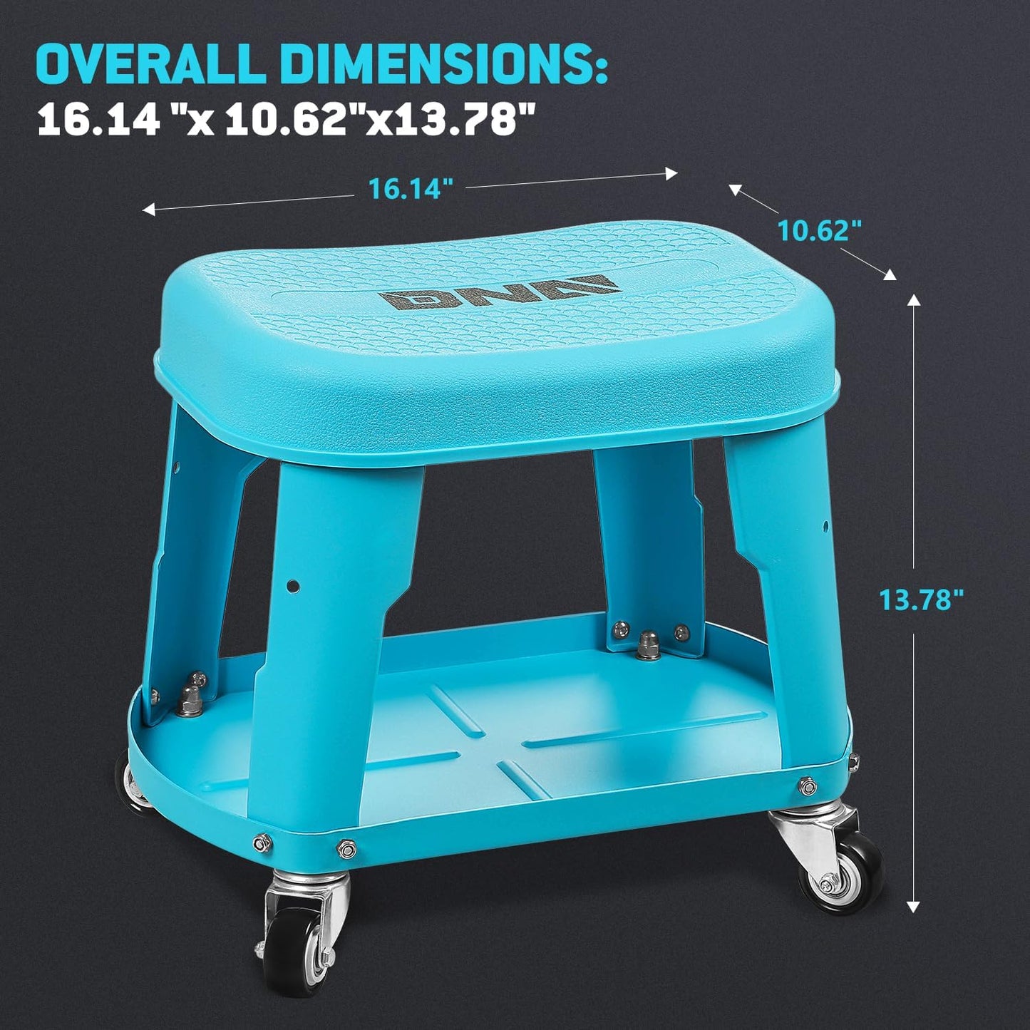 DNA MOTORING Removable Rolling Garage Stool with Seat Cushion & Tool Tray Plate, 300lbs Max Weight Capacity, Blue, TOOLS-00479