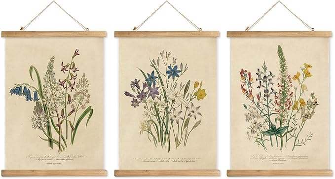XIAOAIKA Wildflower Illustration Poster Set - 3-Piece Vintage Botanical Prints with Wooden Hanging Frames, Ideal for Home and Office Decor, 12x16 inches